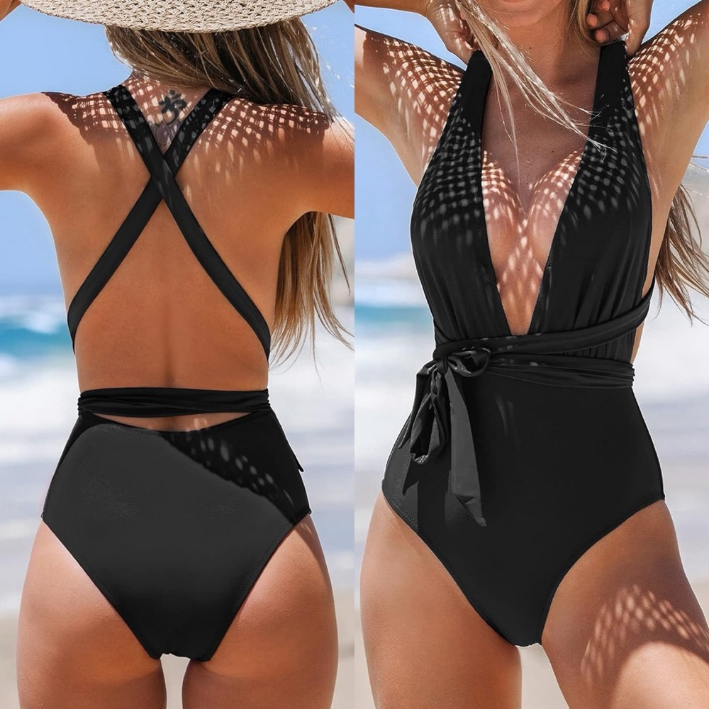 NWT Women's Deep V Neck Crisscross Back Self Tie One-piece Swimsuit‎ SIZE LARGE